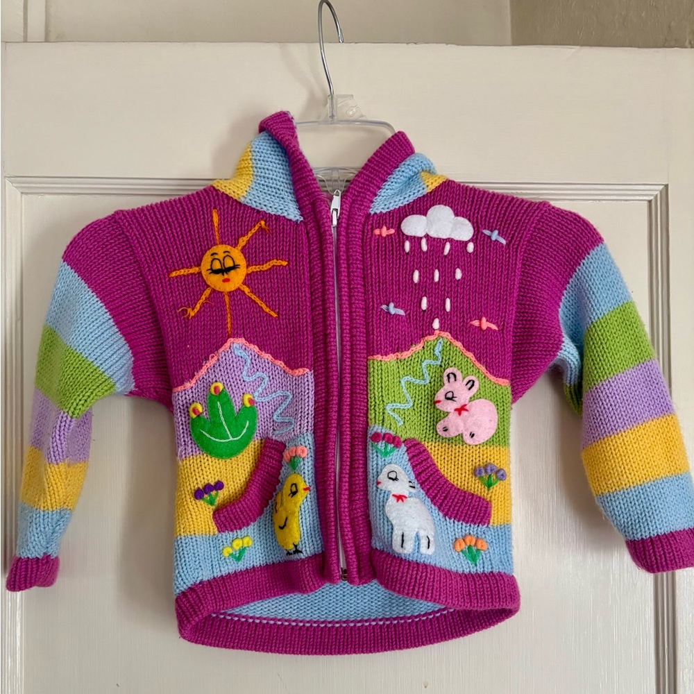 Kids Bright Fuchsia Hooded Knit Sweater with Animal Appliqués